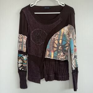 Etoile Du Monde Brown Sheer Long Sleeve Patchwork Sweater Woman Sz 3 Embellished